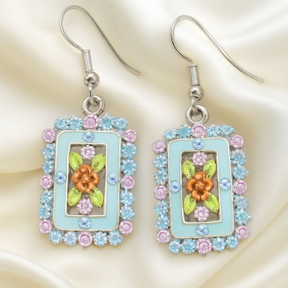 Chic Crystal Floral Drop Multicolor Earrings – Silver Elegance Statement Jewelry